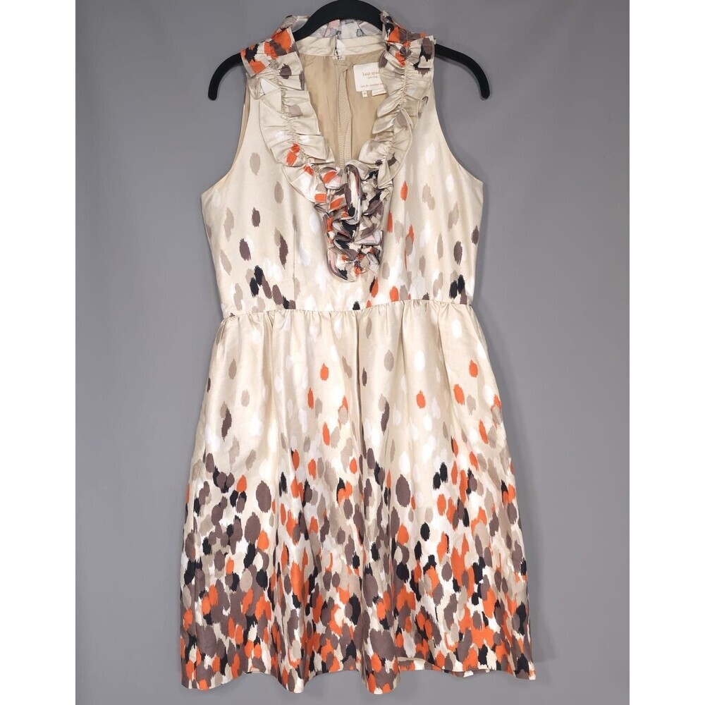 Kate Spade Dress 10 SILK Champagne Lucille Ruffle Neckline Flowy V Neck Designer